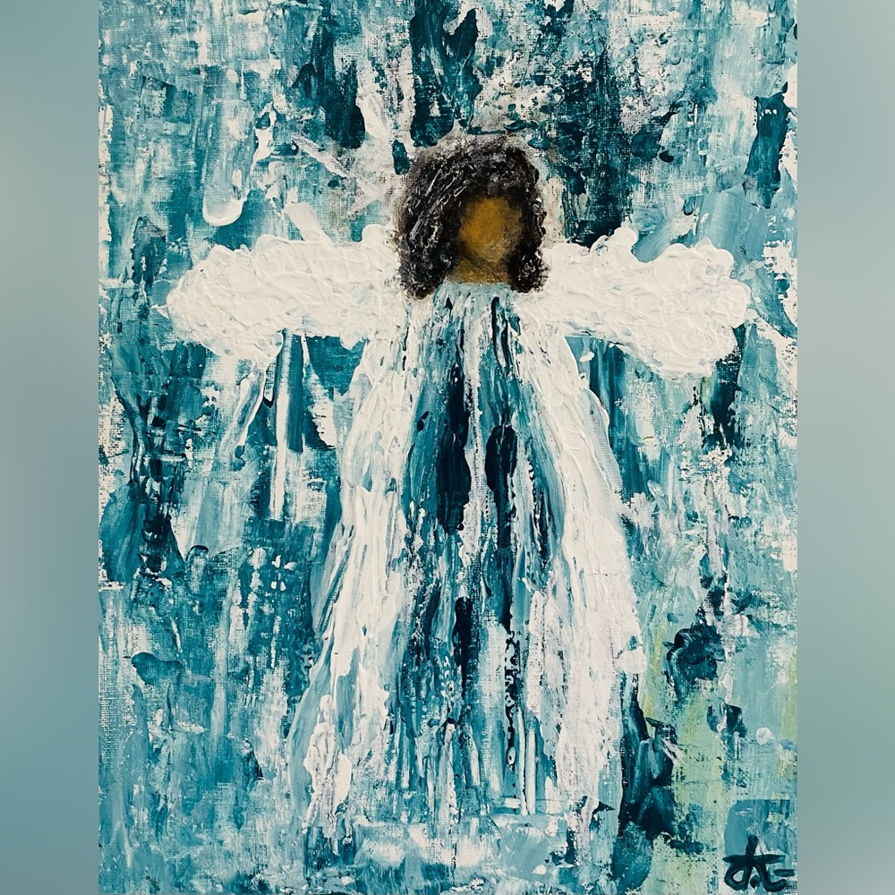 Original art Abstract Angel Wall Art Painting canvas turquoise/green and white